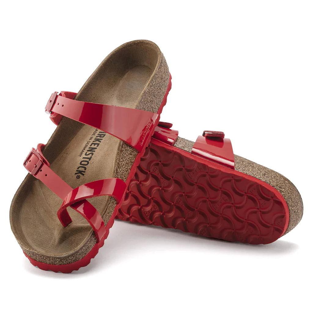 huh Michelangelo pouch Birkenstock Mayari 1023985 BF Patent Red. Rød lak tå split sandal med 2  spænder, super komfort. - Nyegaardsko.dk